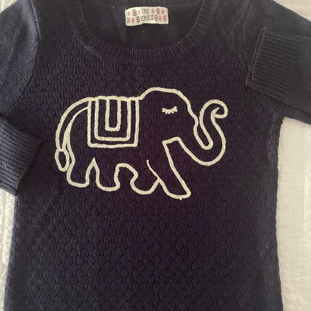 Very Cute Pink Elephant Textured Navy Long Sleeve Sweater/Embroidered Elephant